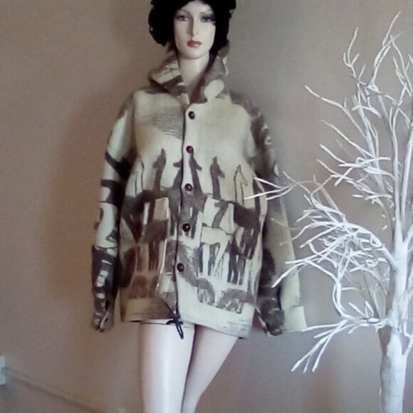 VTG Women's Icelandic Jacket  With Hood   Llama's And Sun Pattern Sz M/L - Picture 1 of 12